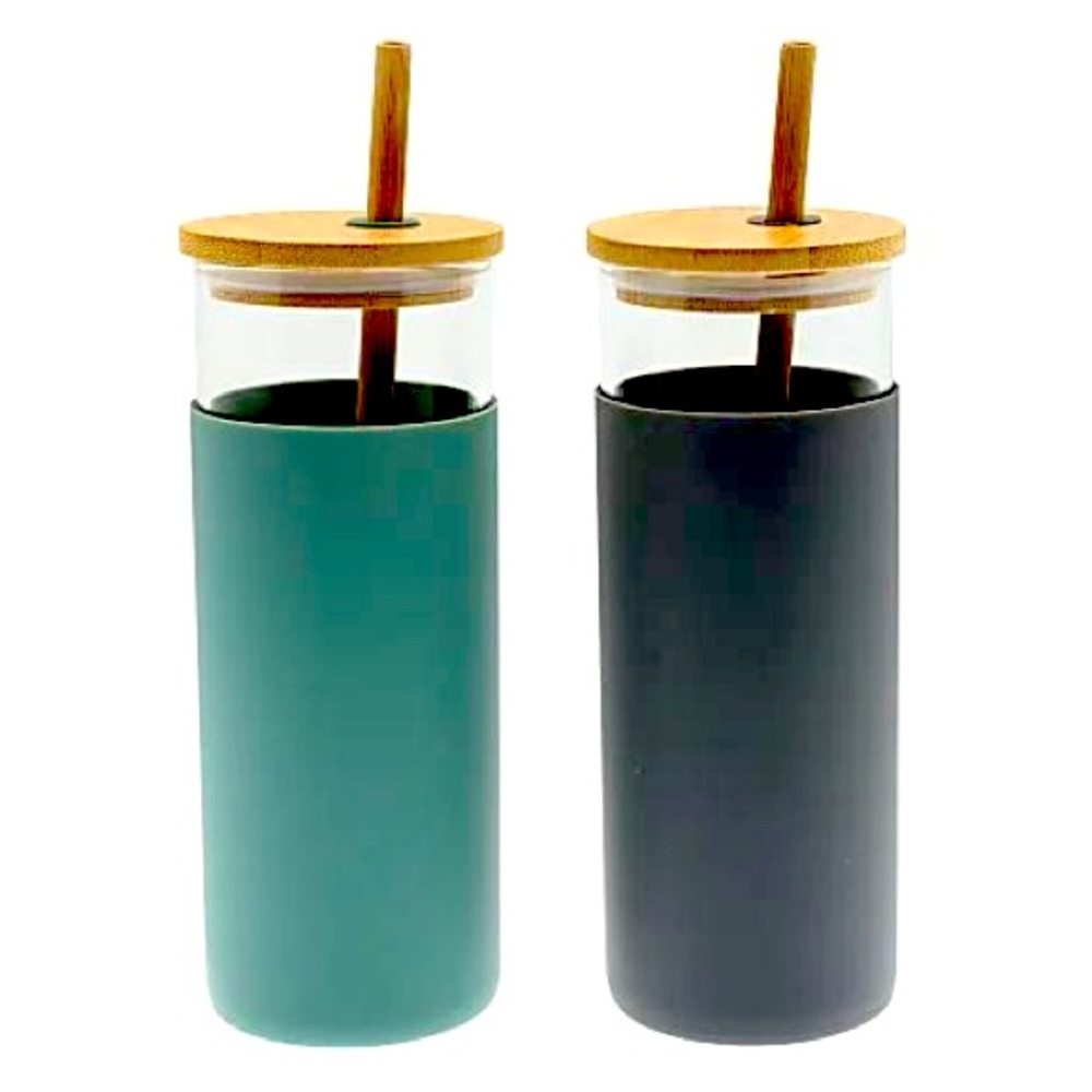 Glass Tumbler Set 16 Oz Sage & Gray Bamboo Lids With Straws Silicone Sleeves